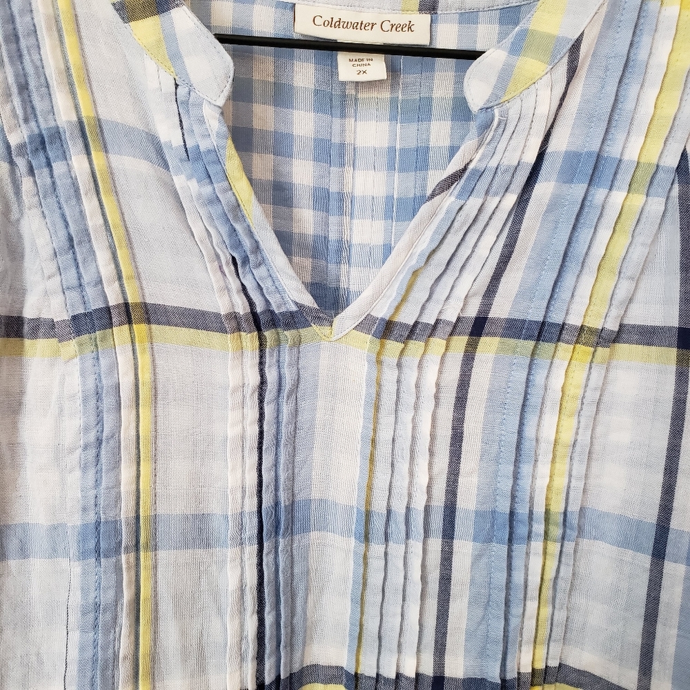 Coldwater Creek blue yellow plaid popover top 2X - Picture 6 of 9